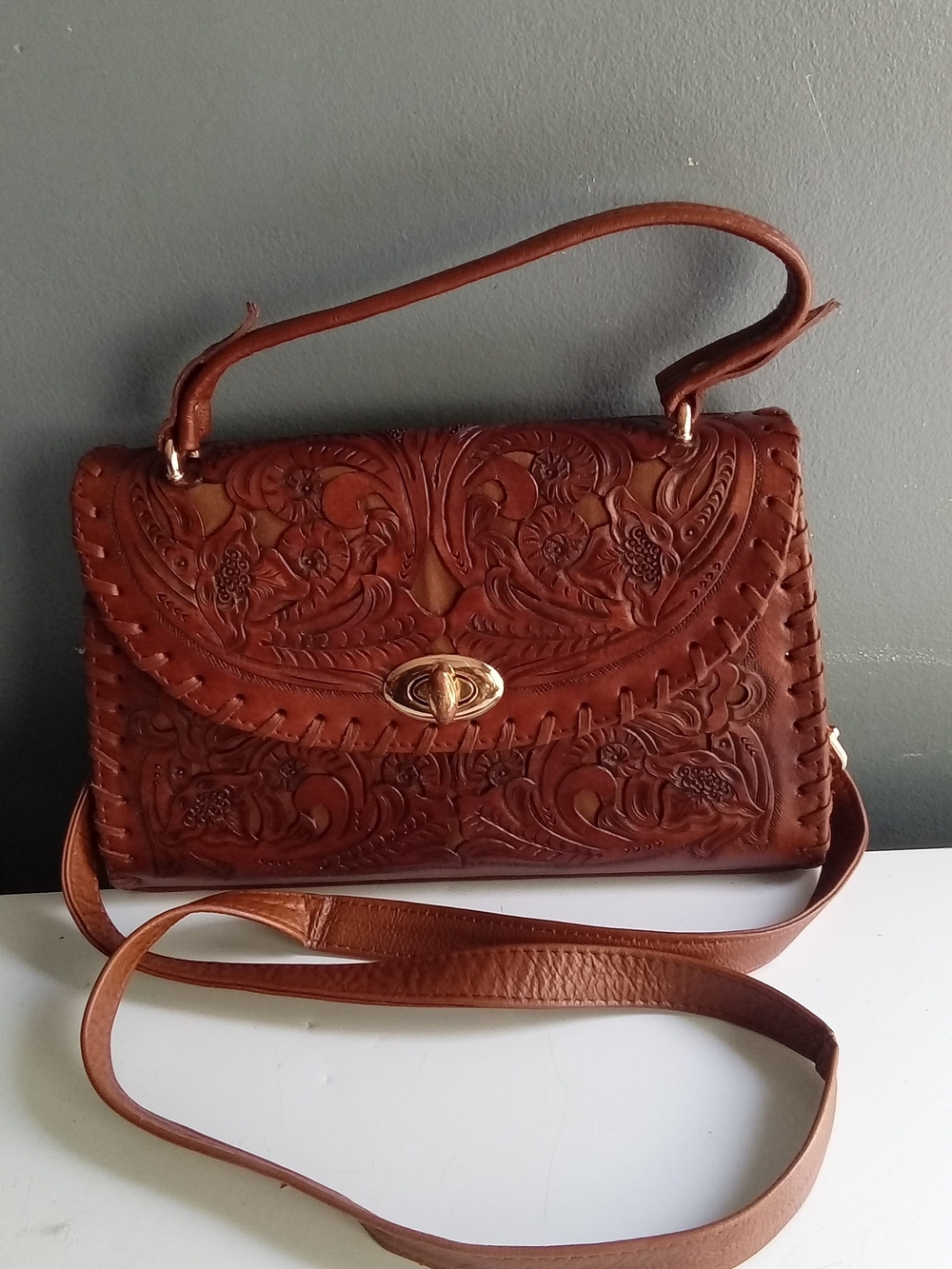 Vintage Hand Tooled Leather Floral Crossbody Bag Cognac Brown Whipstitch Detail